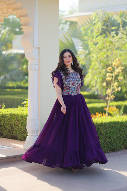 Premium Faux Blooming Designer Gown with Beads & Sequins Embroidery | Bell Sleeve Party Wear