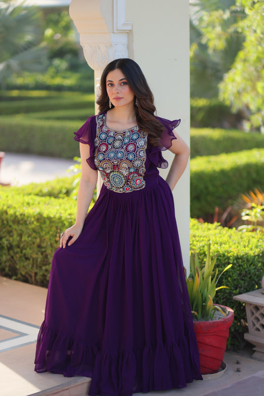 Premium Faux Blooming Designer Gown with Beads & Sequins Embroidery | Bell Sleeve Party Wear
