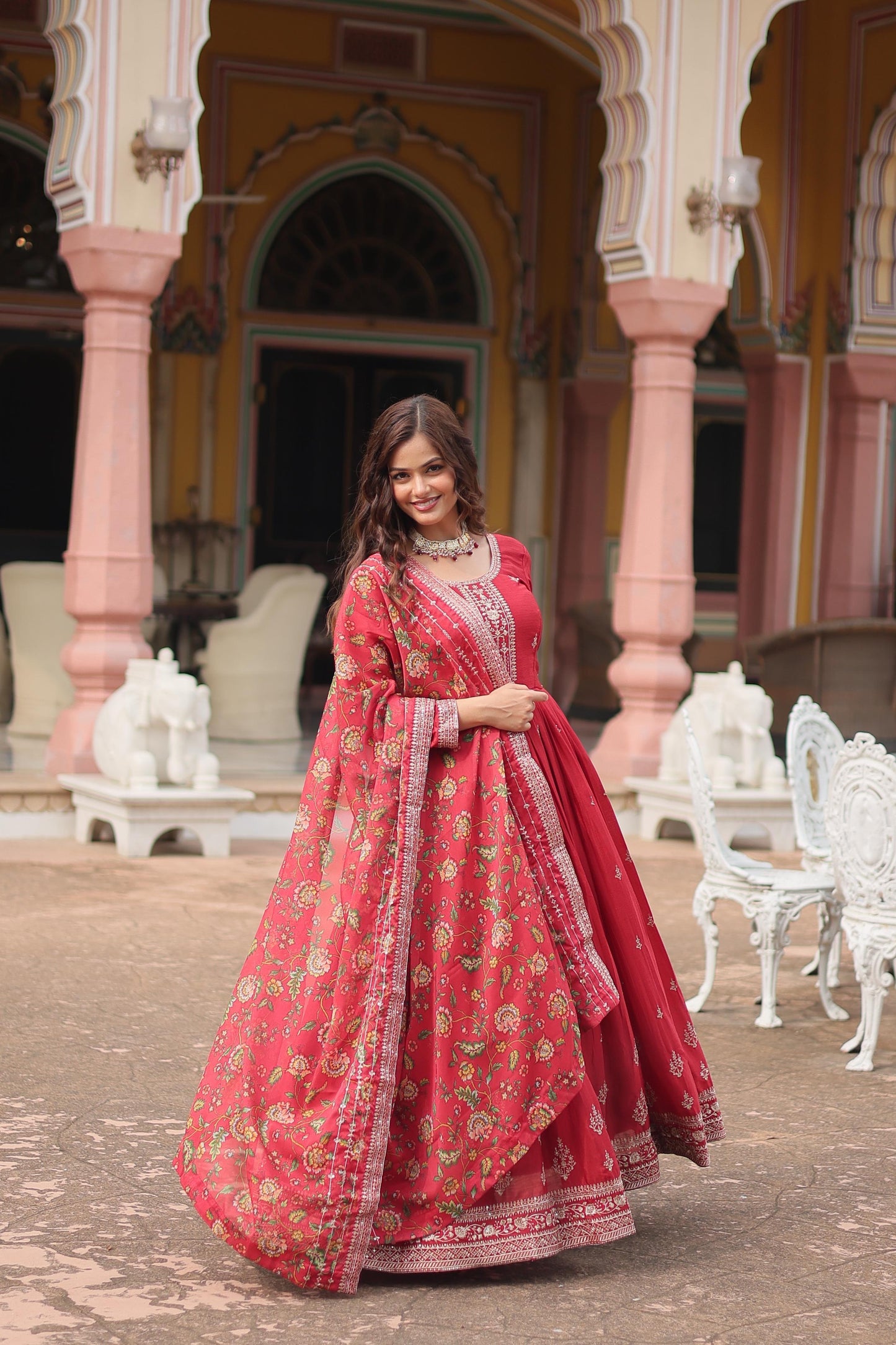 Chinon Sequins Embroidered Gown with Dupatta