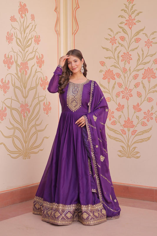 Premium Star Georgette Embroidered Gown with Dupatta