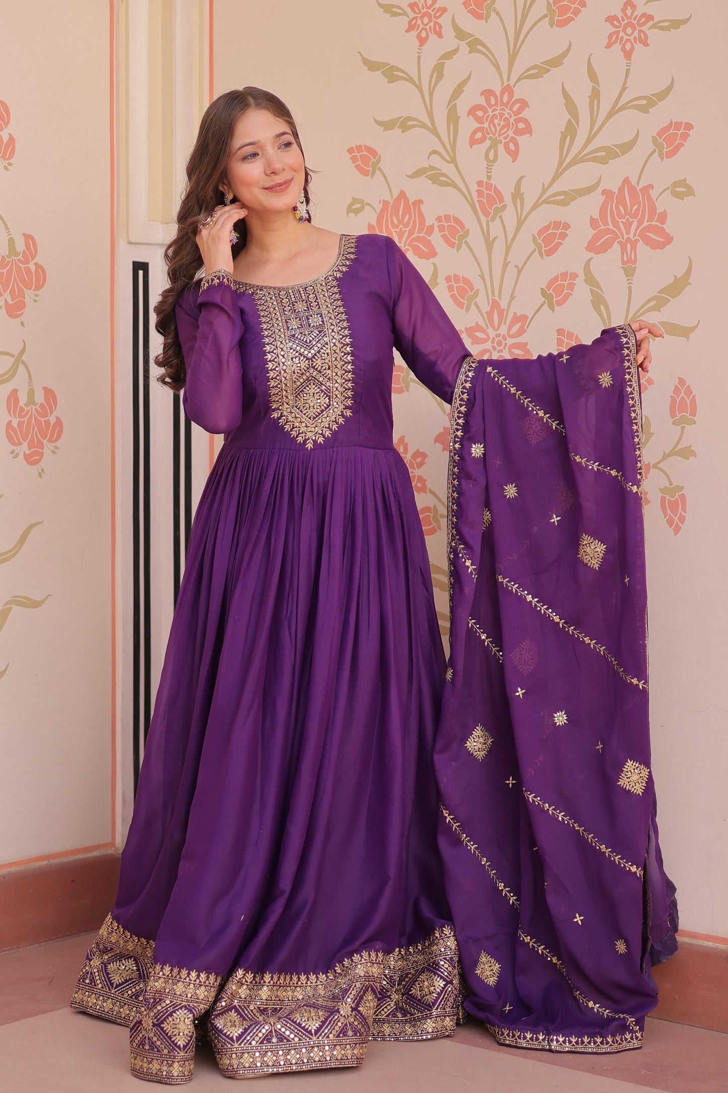 Premium Star Georgette Embroidered Gown with Dupatta