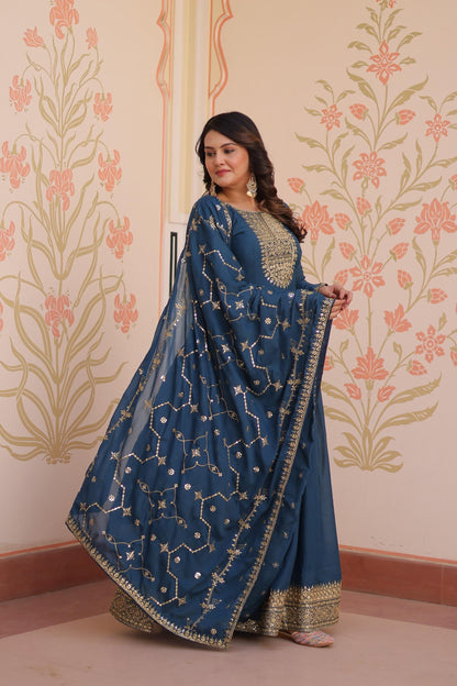 Premium Star Georgette Embroidered Gown with Dupatta