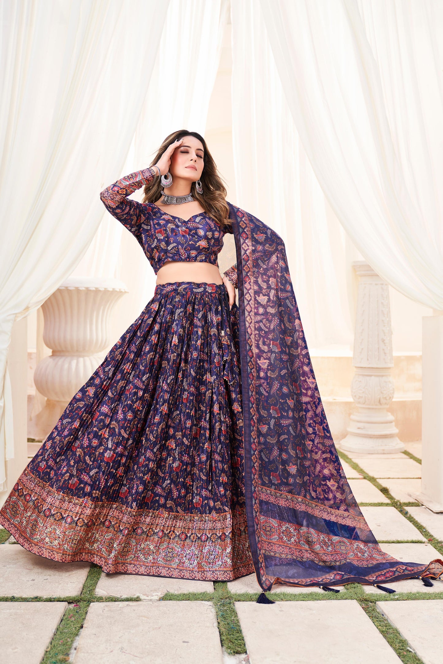 Crush Chinon Printed Lehenga with Mukesh & Zabuki Work