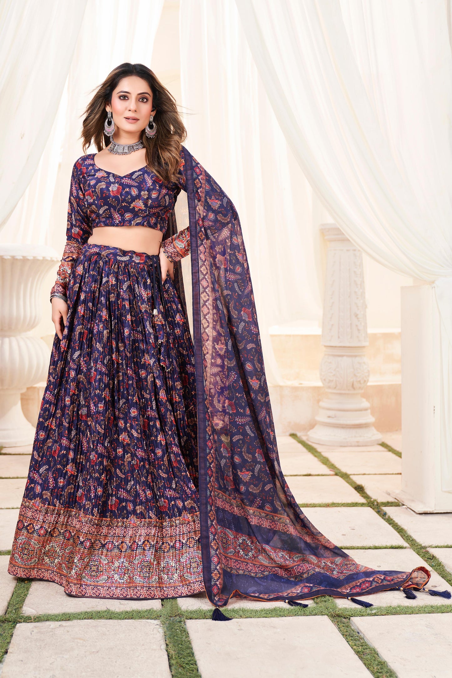 Crush Chinon Printed Lehenga with Mukesh & Zabuki Work