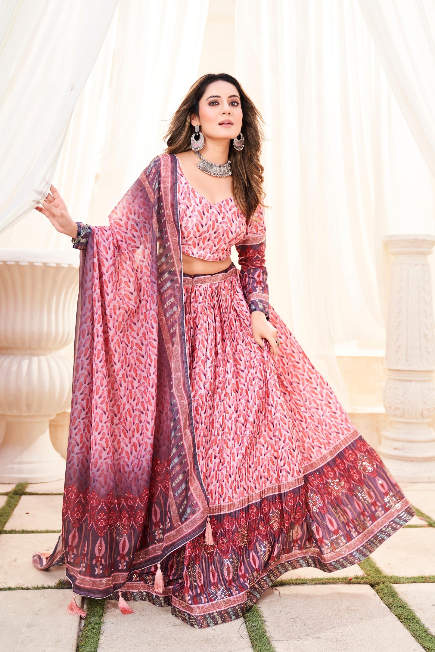 Crush Chinon Printed Lehenga with Mukesh & Zabuki Work