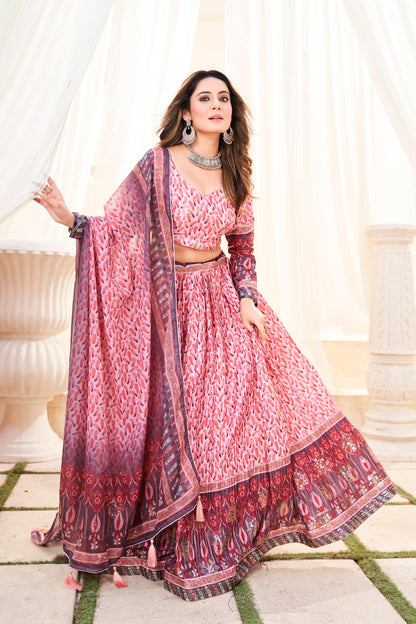 Crush Chinon Printed Lehenga with Mukesh & Zabuki Work