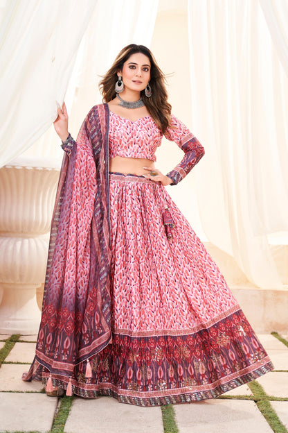 Crush Chinon Printed Lehenga with Mukesh & Zabuki Work