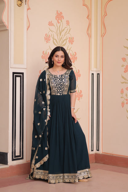 Premium Faux Blooming Embroidered Gown with Dupatta