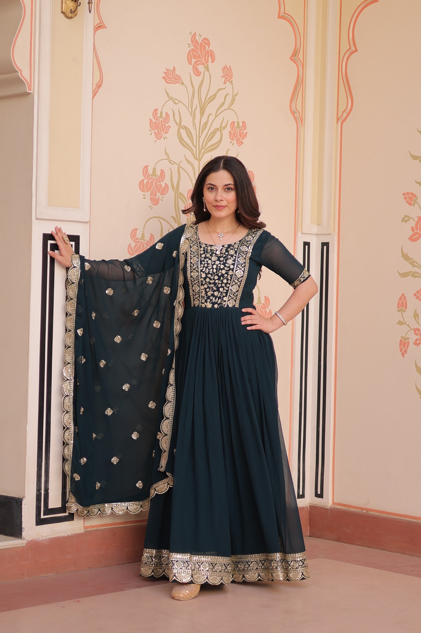 Premium Faux Blooming Embroidered Gown with Dupatta