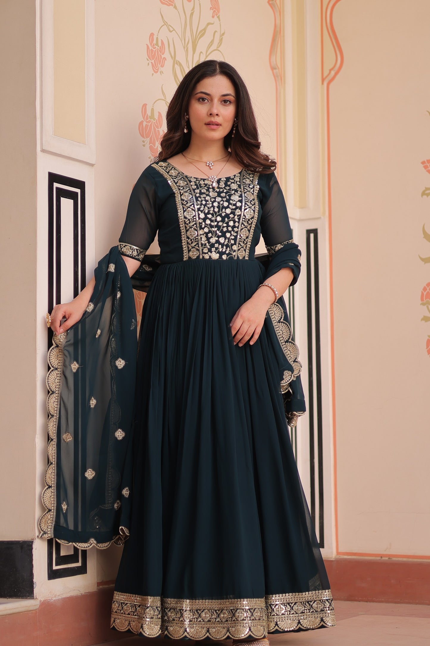 Premium Faux Blooming Embroidered Gown with Dupatta