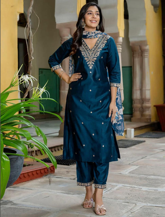 Rayon Fabric Suit Set with Organza Dupatta