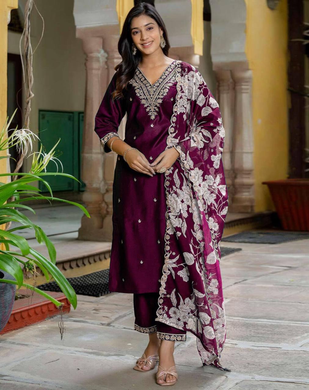 Rayon Fabric Suit Set with Organza Dupatta