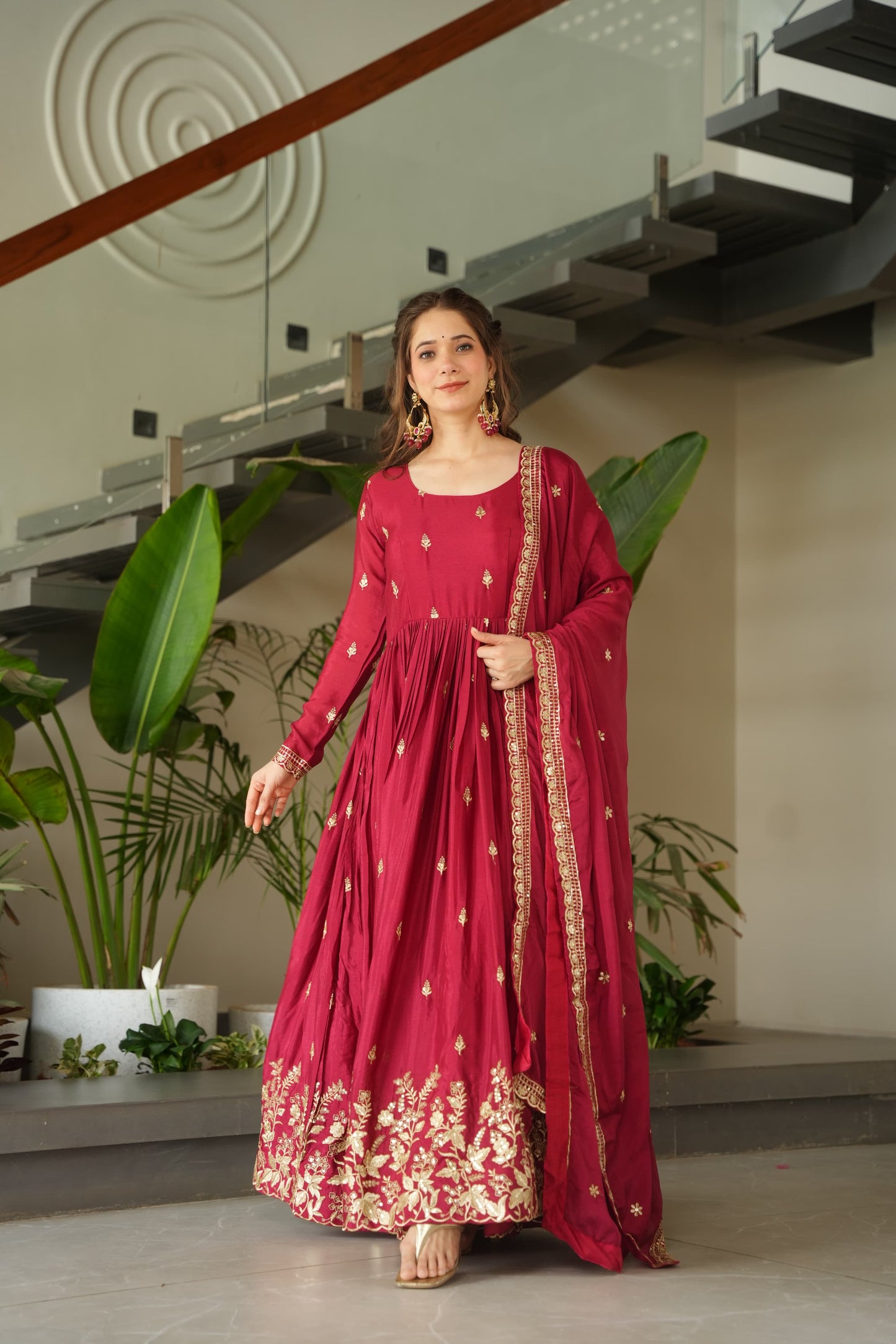 Chinnon Embroidered Zari Sequins Gown with Dupatta