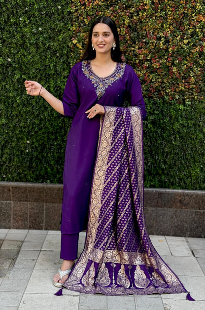 Purple Roman Silk Kurti Pant Dupatta Set with Handwork Detailing
