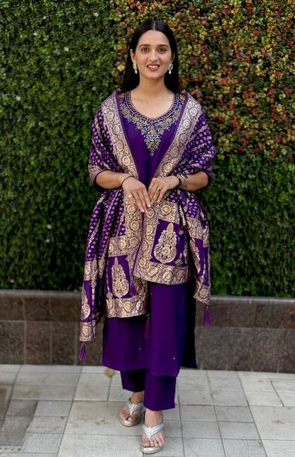 Purple Roman Silk Kurti Pant Dupatta Set with Handwork Detailing