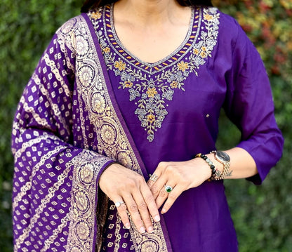 Purple Roman Silk Kurti Pant Dupatta Set with Handwork Detailing