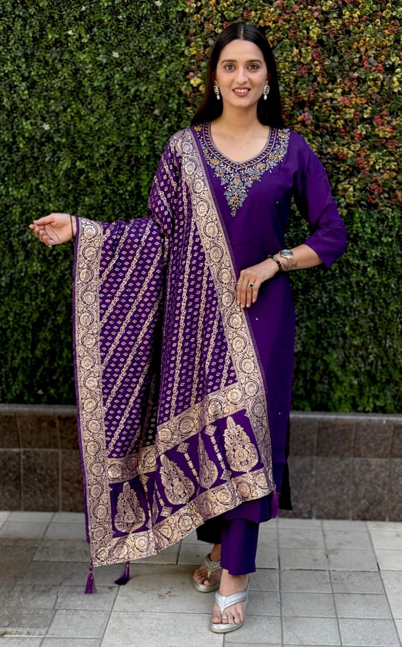 Purple Roman Silk Kurti Pant Dupatta Set with Handwork Detailing