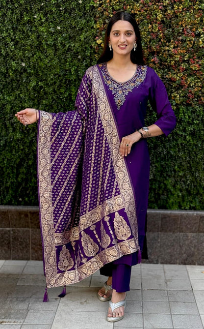 Purple Roman Silk Kurti Pant Dupatta Set with Handwork Detailing