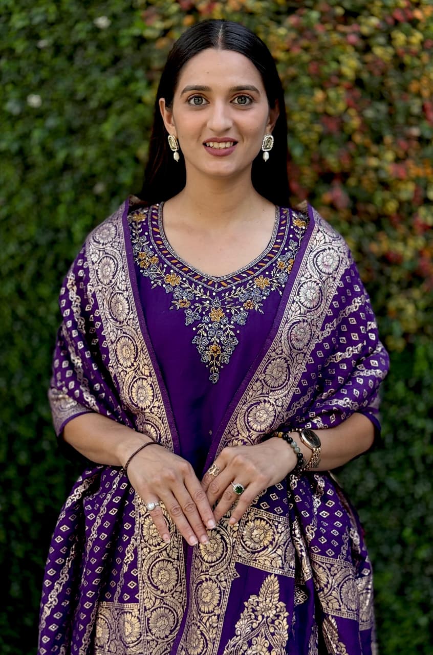 Purple Roman Silk Kurti Pant Dupatta Set with Handwork Detailing
