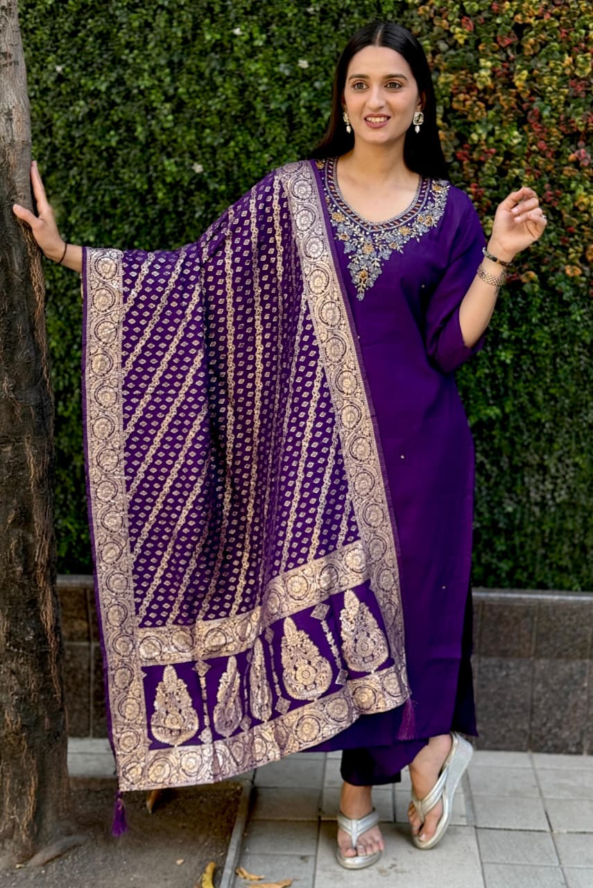 Purple Roman Silk Kurti Pant Dupatta Set with Handwork Detailing