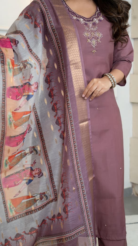 Burgundy Roman Silk Kurti Pant Dupatta Set with Hand Work