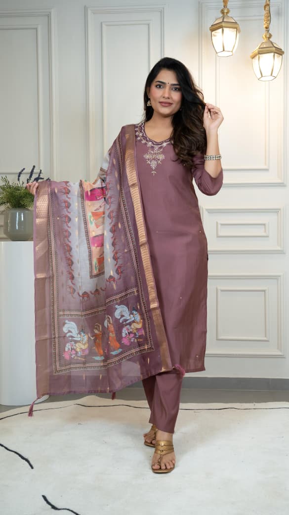 Burgundy Roman Silk Kurti Pant Dupatta Set with Hand Work