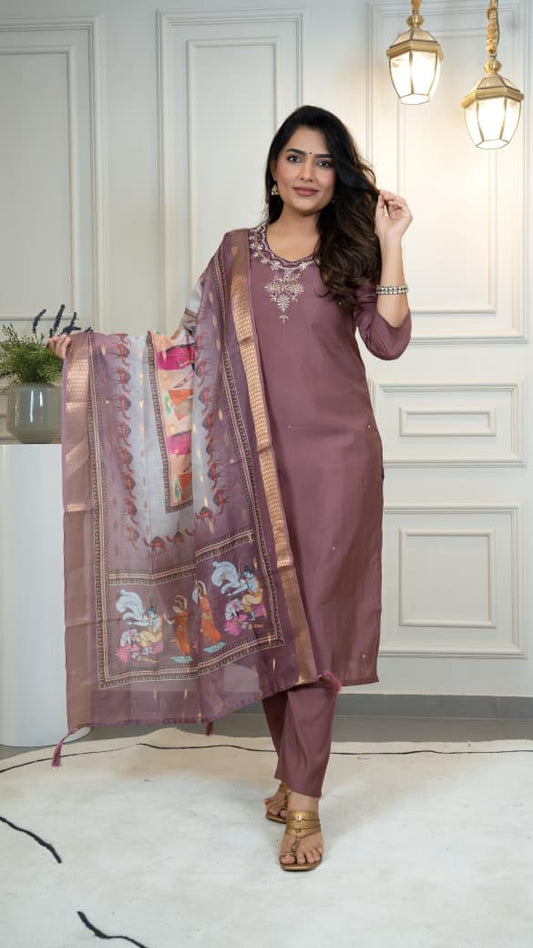 Burgundy Roman Silk Kurti Pant Dupatta Set with Hand Work