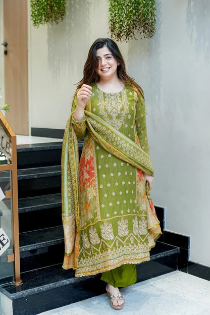 Premium Chinon Embroidered Kurti Pant Dupatta Set for Women