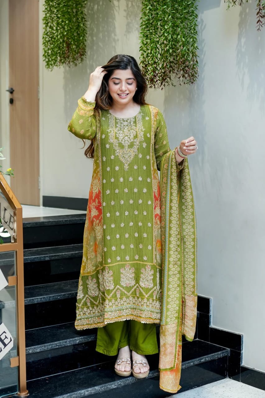 Premium Chinon Embroidered Kurti Pant Dupatta Set for Women