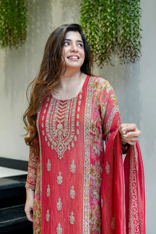 Premium Chinon Embroidered Kurti Pant Dupatta Set for Women