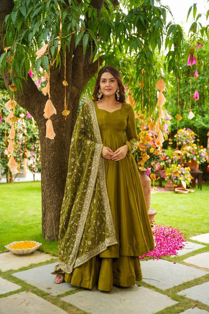 Premium German Chiffon Embroidered Gown with Palazzo & Dupatta