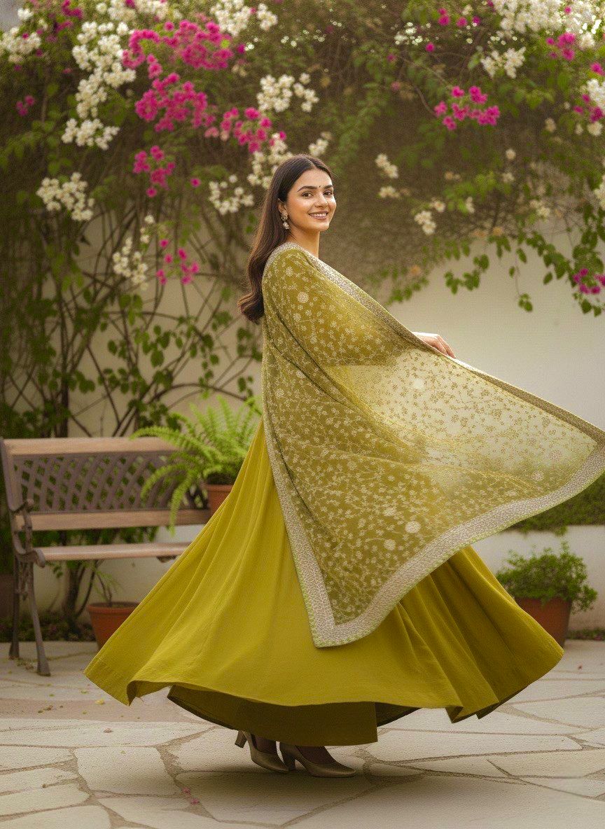 Premium German Chiffon Embroidered Gown with Palazzo & Dupatta