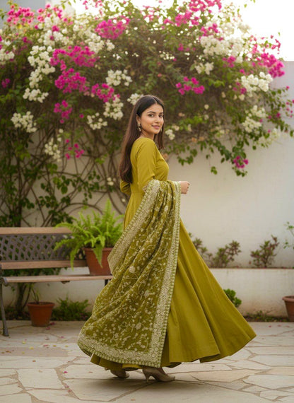 Premium German Chiffon Embroidered Gown with Palazzo & Dupatta