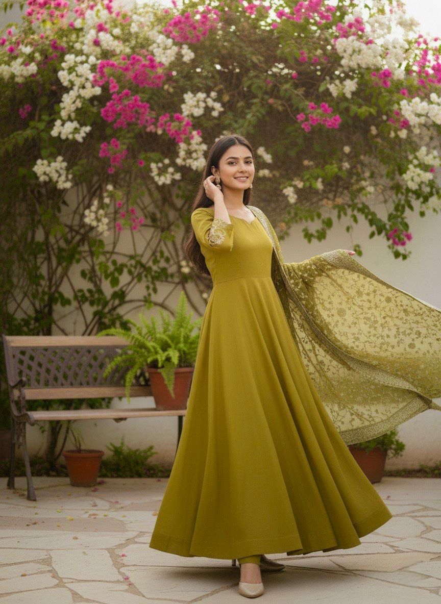 Premium German Chiffon Embroidered Gown with Palazzo & Dupatta