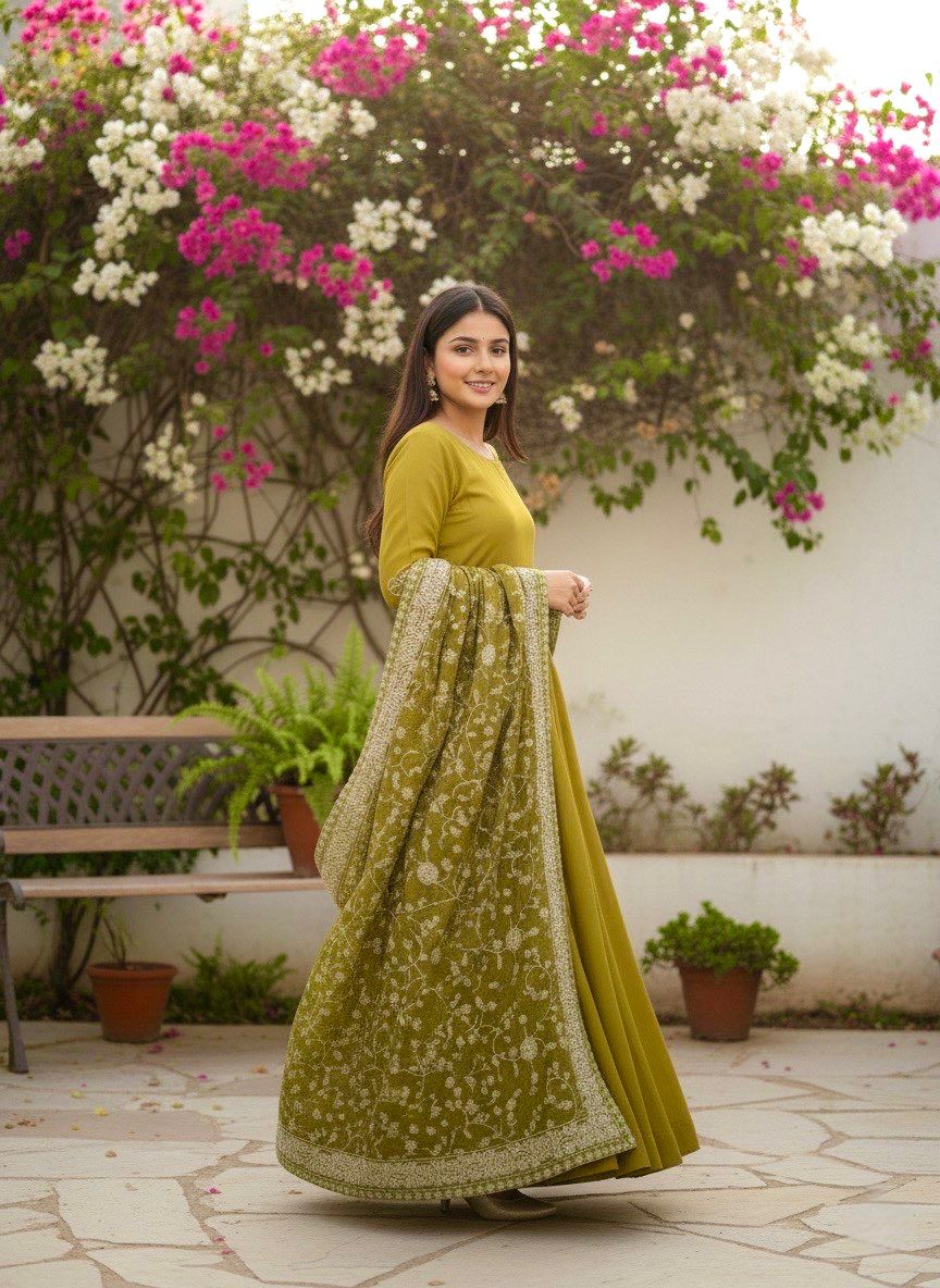 Premium German Chiffon Embroidered Gown with Palazzo & Dupatta