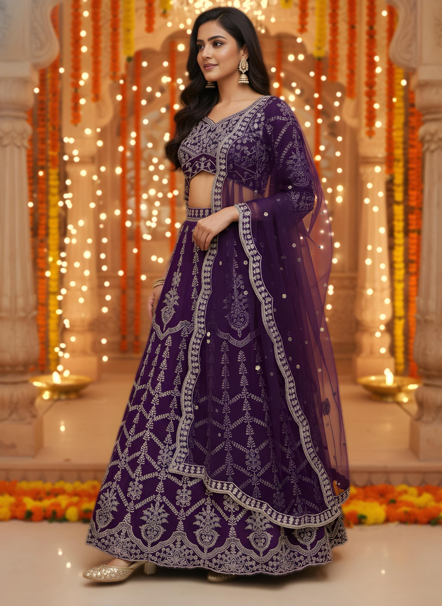 🌼 Designer Lehenga Choli –  (Rich Wine Embroidered Set) 🌼