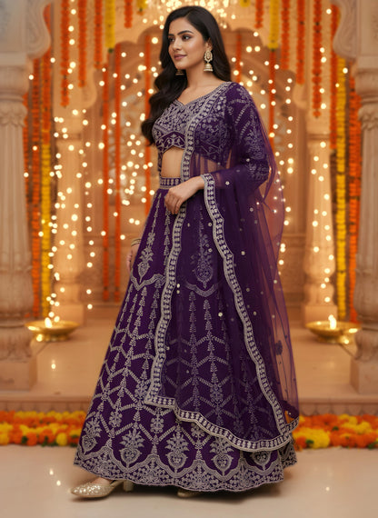 🌼 Designer Lehenga Choli –  (Rich Wine Embroidered Set) 🌼