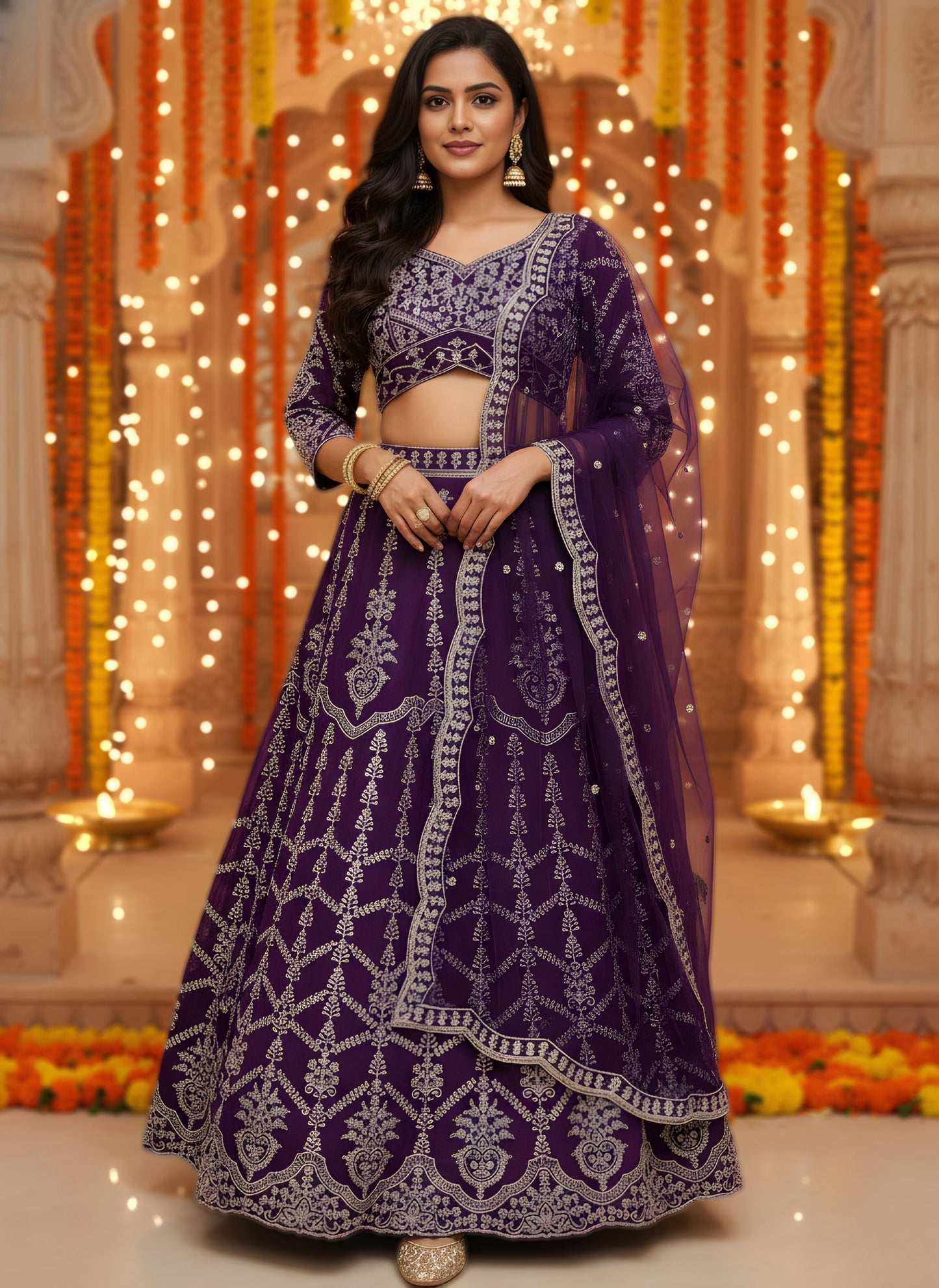 🌼 Designer Lehenga Choli –  (Rich Wine Embroidered Set) 🌼