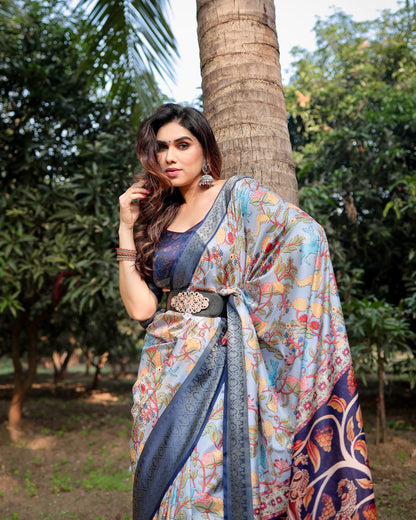 🌸 Elegant Tussar Silk Saree – Sky Blue & Navy Blue Designer Edition 🌸