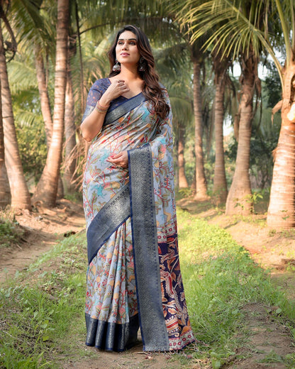 🌸 Elegant Tussar Silk Saree – Sky Blue & Navy Blue Designer Edition 🌸
