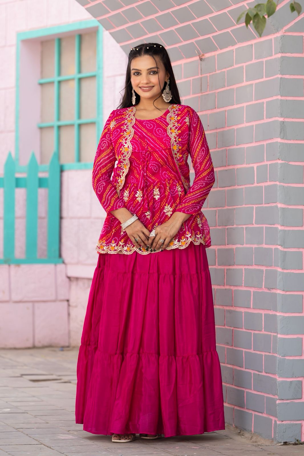 🌸 Holi Special Bandhej Lehenga Crop Top with Jacket Set 🌸