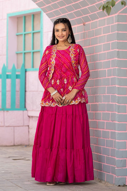 🌸 Holi Special Bandhej Lehenga Crop Top with Jacket Set 🌸