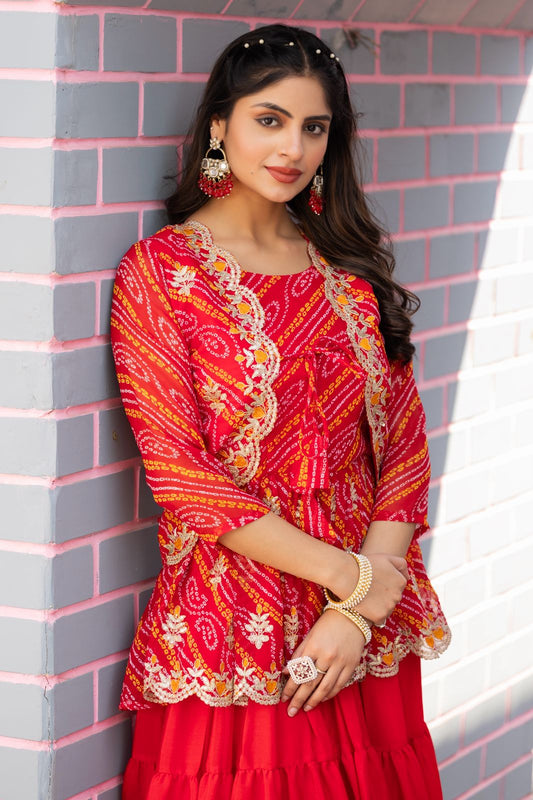 🌸 Holi Special Bandhej Lehenga Crop Top with Jacket Set 🌸