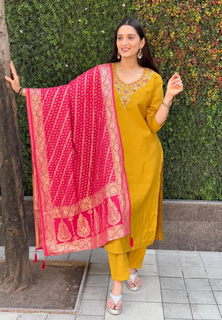 🌼 Premium Roman Silk Kurti Pant Dupatta Set – Festive Edition 🌼