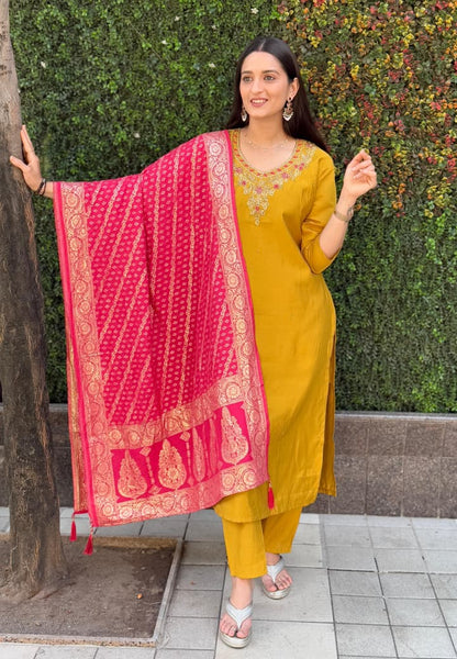 🌼 Premium Roman Silk Kurti Pant Dupatta Set – Festive Edition 🌼