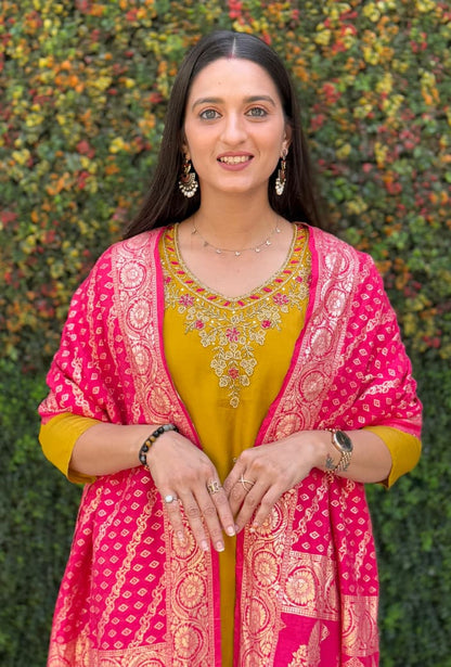 🌼 Premium Roman Silk Kurti Pant Dupatta Set – Festive Edition 🌼