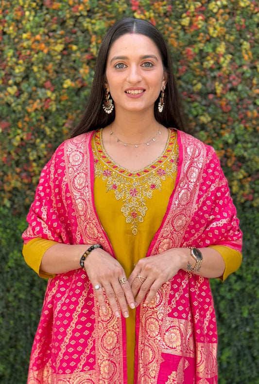 🌼 Premium Roman Silk Kurti Pant Dupatta Set – Festive Edition 🌼