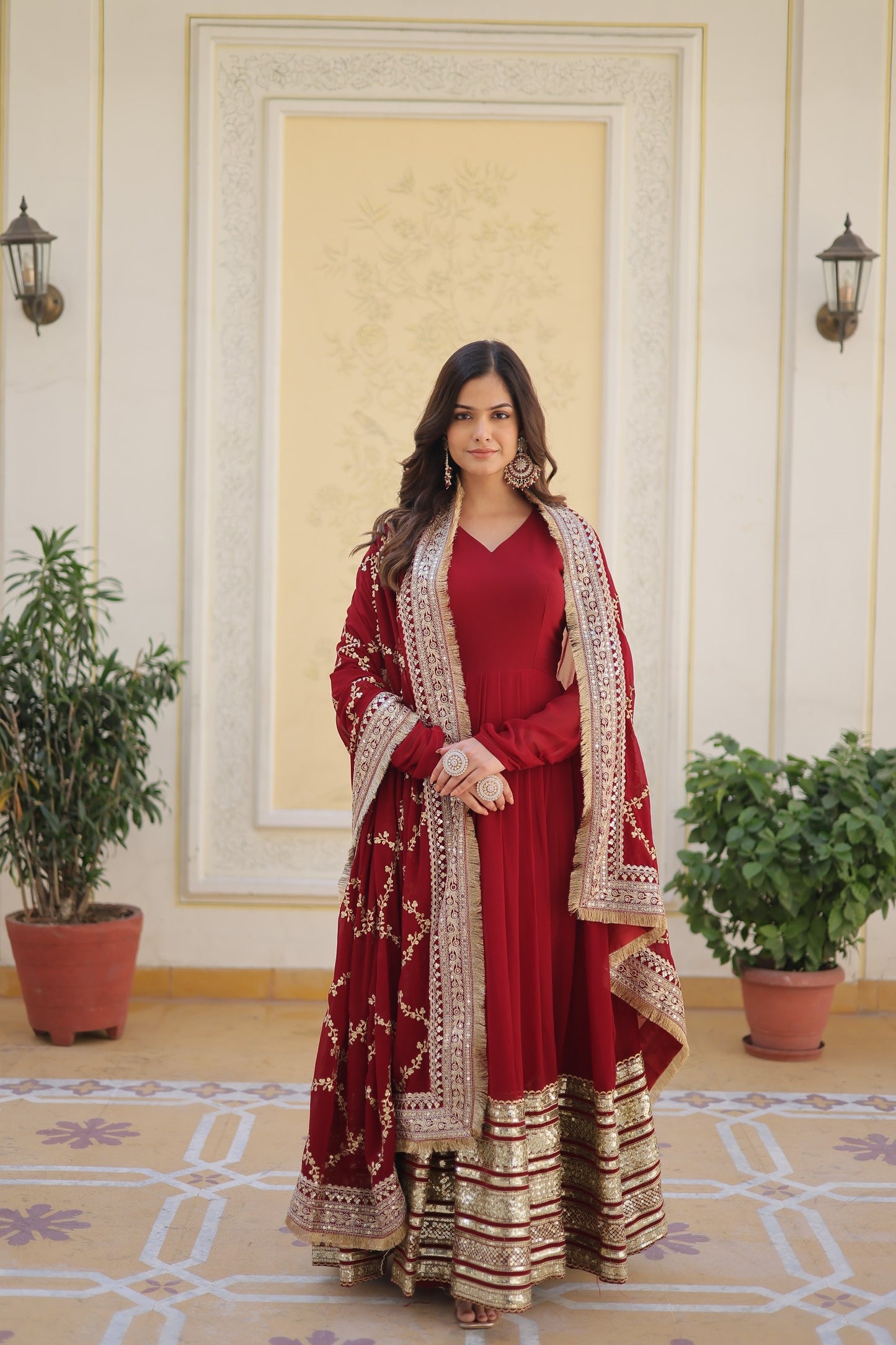 💃🏽 Premium Designer Readymade Gown with Dupatta – Maroon Elegance 💃🏽