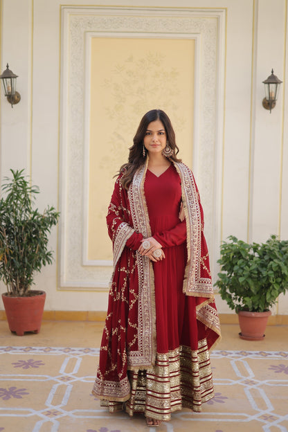 💃🏽 Premium Designer Readymade Gown with Dupatta – Maroon Elegance 💃🏽
