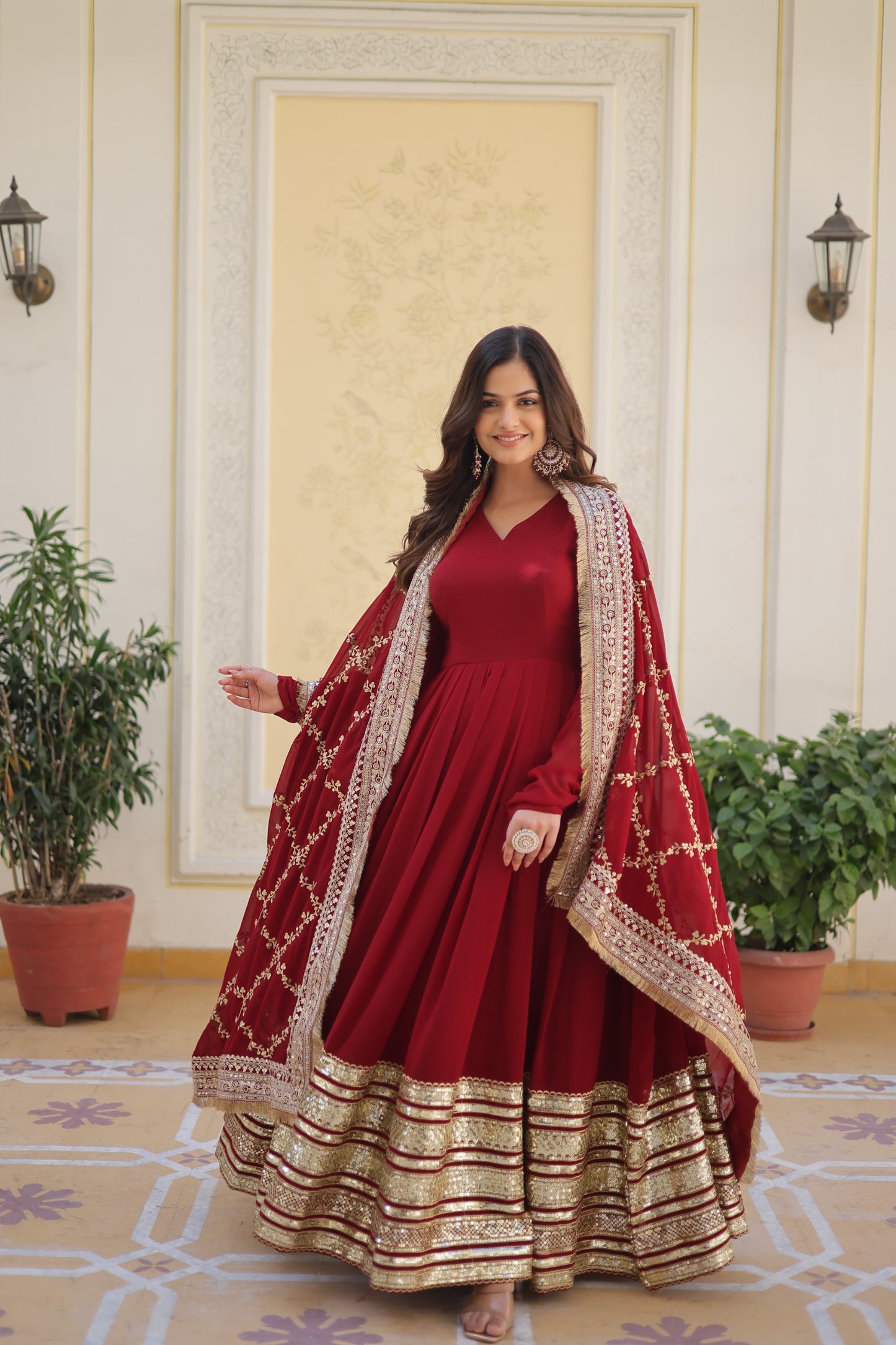 💃🏽 Premium Designer Readymade Gown with Dupatta – Maroon Elegance 💃🏽